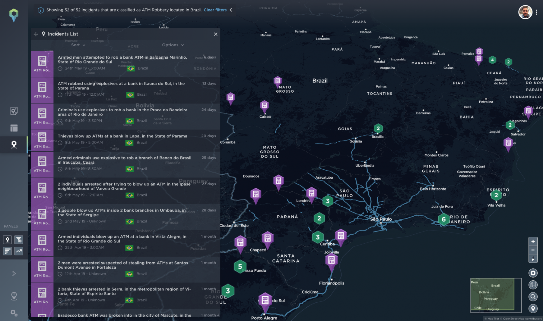 A map depicting the locations of ATM robberies across Brazil in 2019